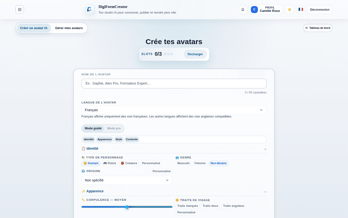 Interface de creation d'avatar IA DigiFormCreator