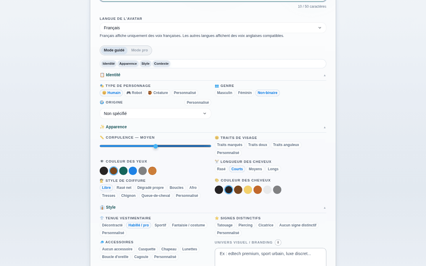 Details guides pour configurer l'apparence et le contexte de l'avatar
