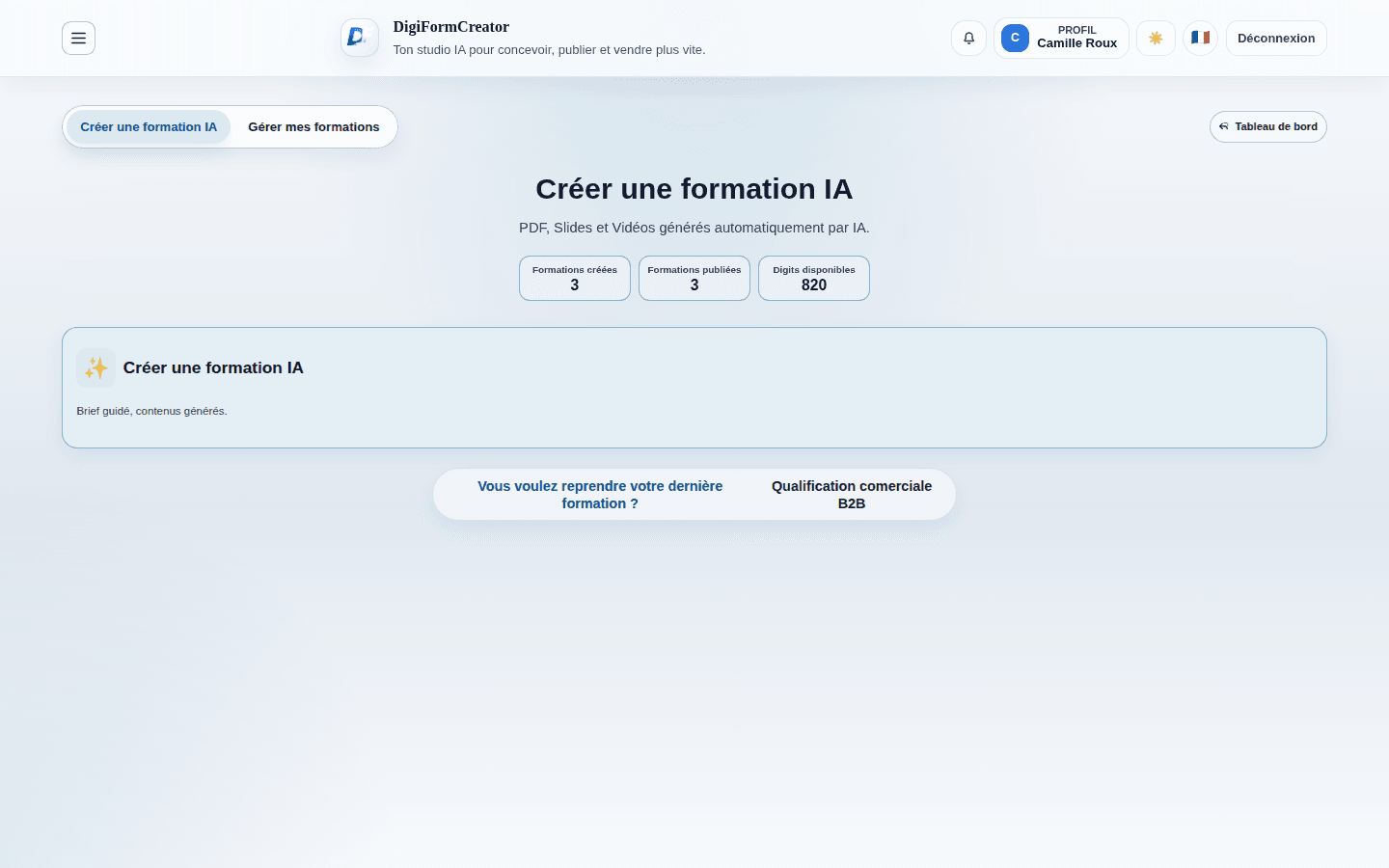 Menu de creation de formation IA DigiFormCreator