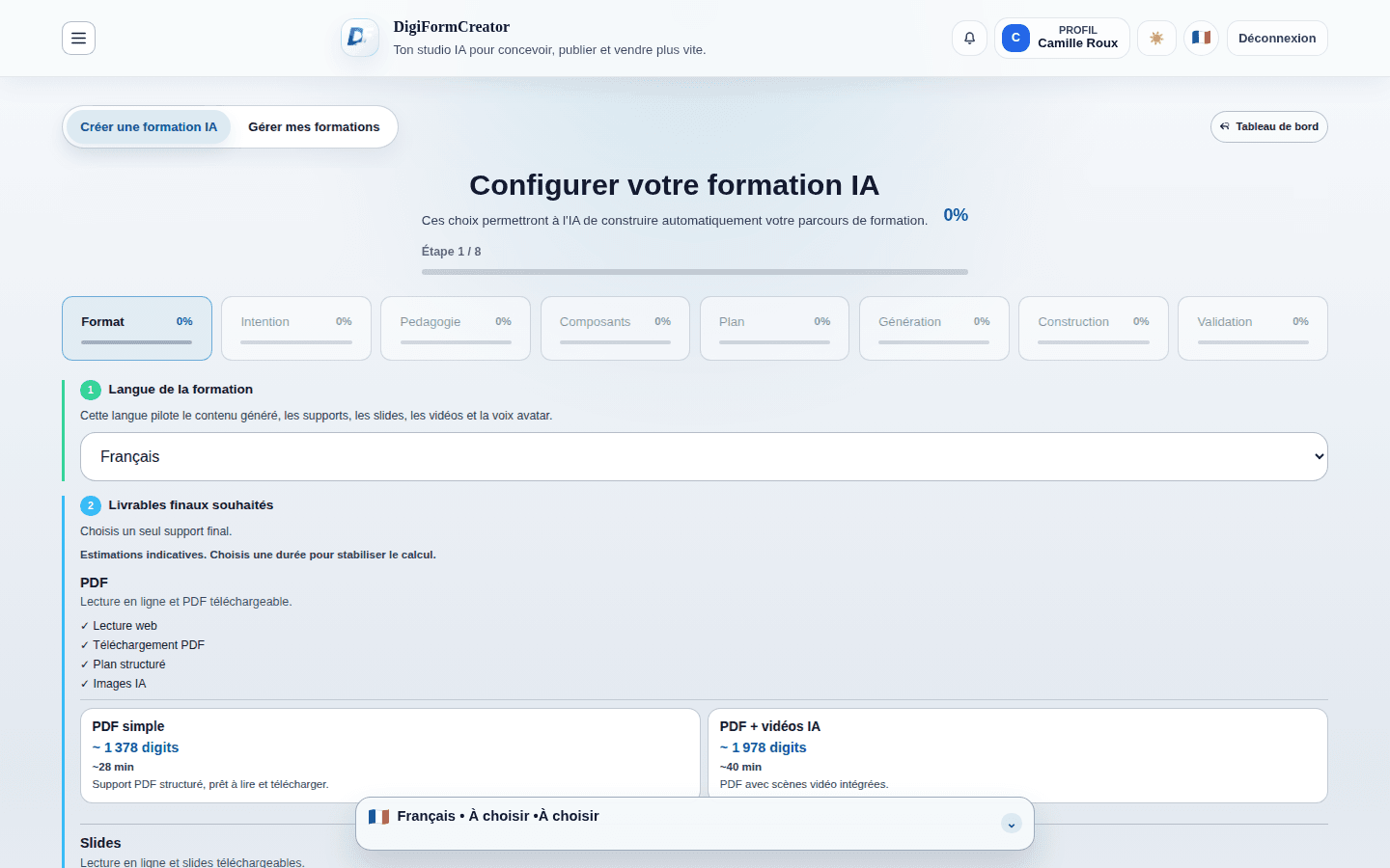 Cadrage de formation préconfiguré dans DigiFormCreator