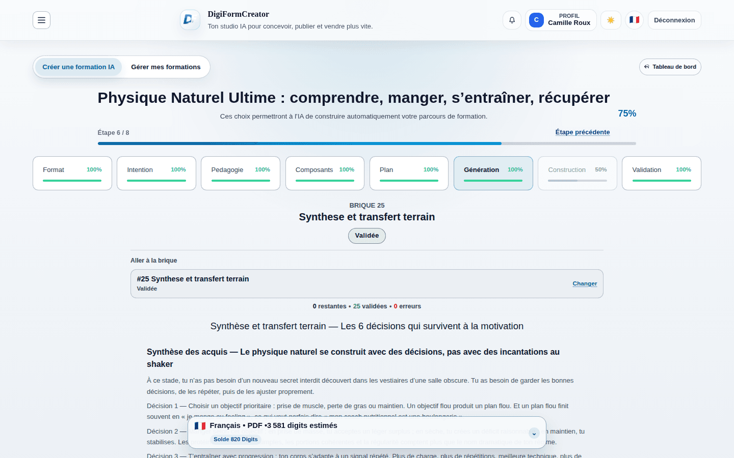 Étape de génération de contenu dans le parcours de formation DigiFormCreator