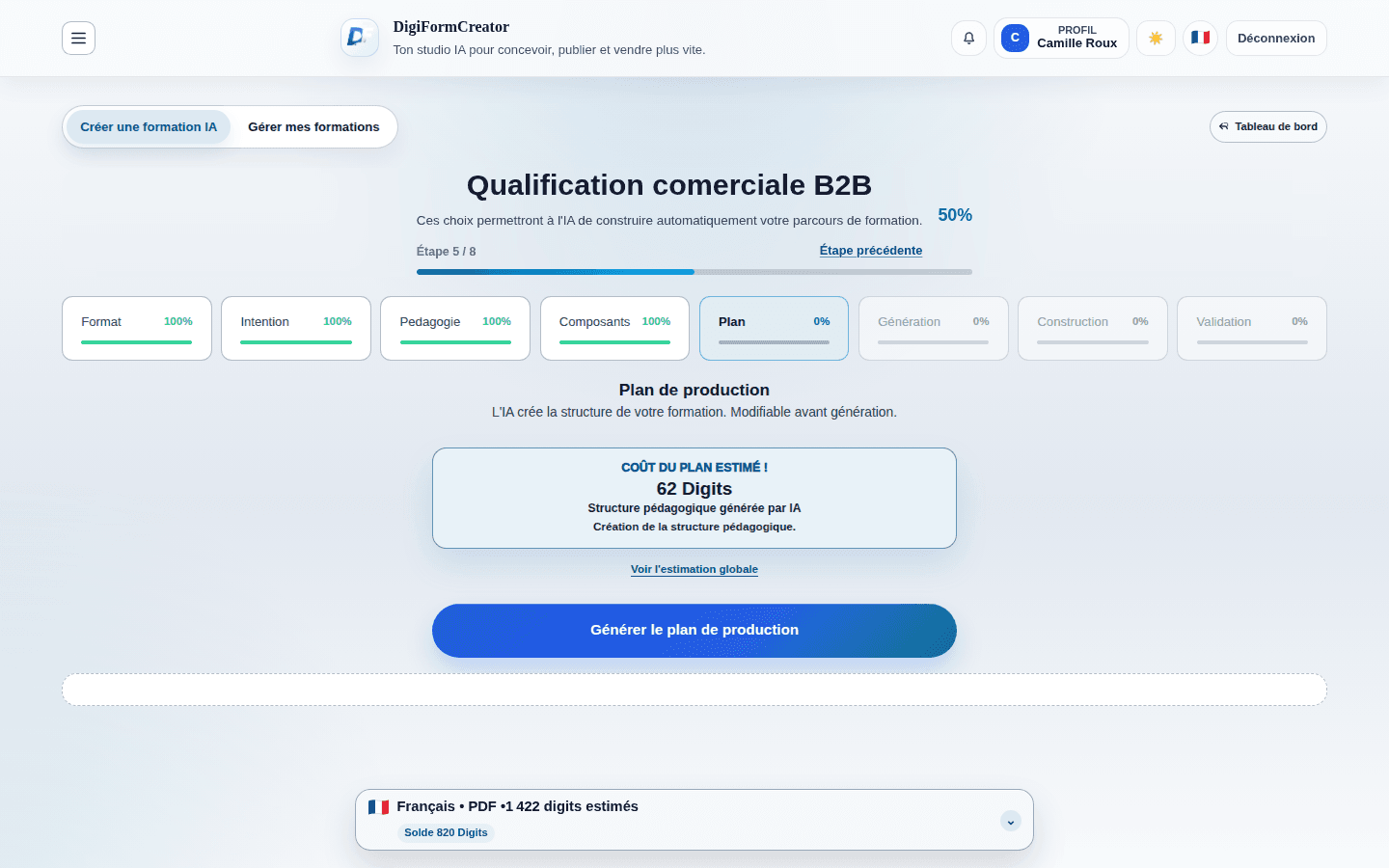 Plan de production estimé dans le parcours de formation DigiFormCreator