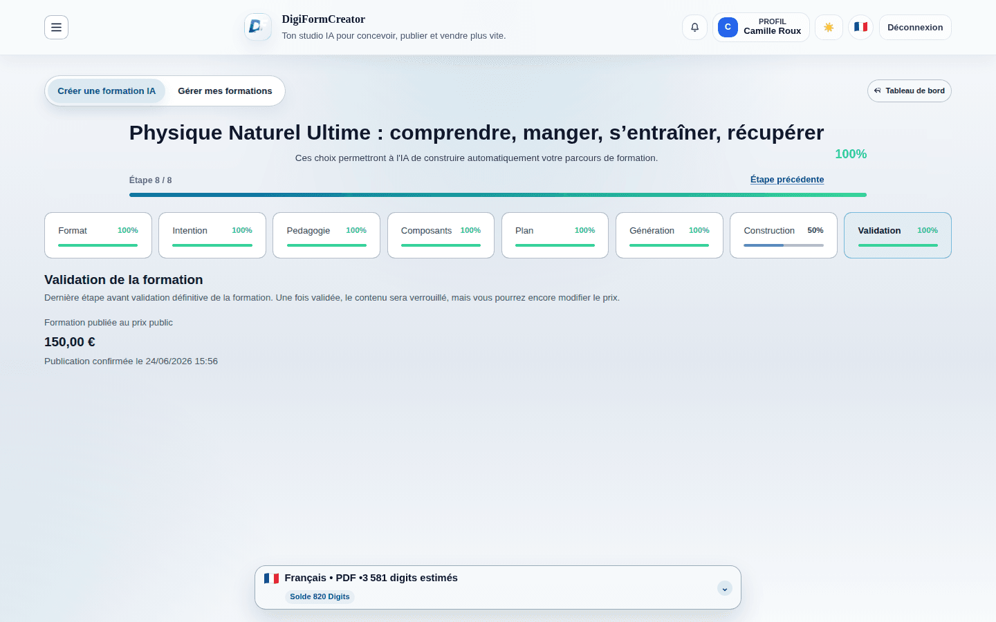 Validation de la formation finale publiee dans DigiFormCreator