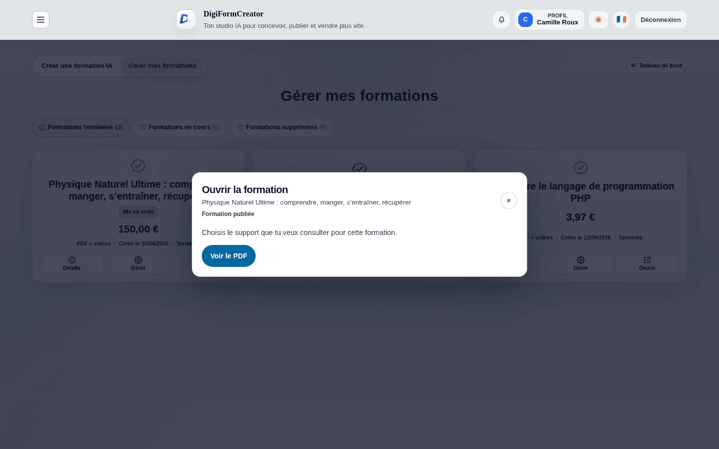 Ouverture du support final de formation depuis DigiFormCreator