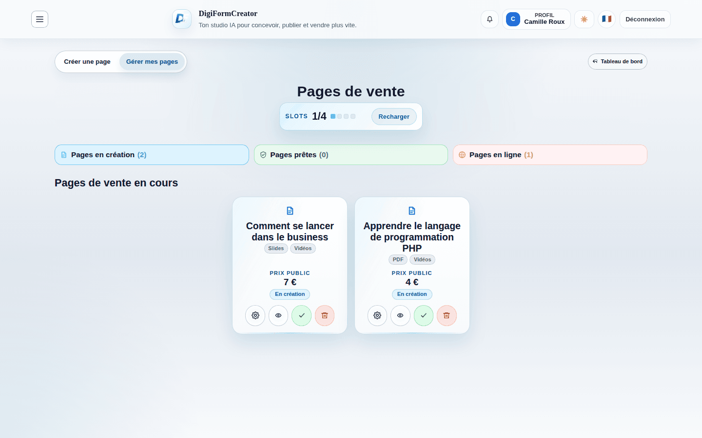 Liste des pages de vente dans DigiFormCreator